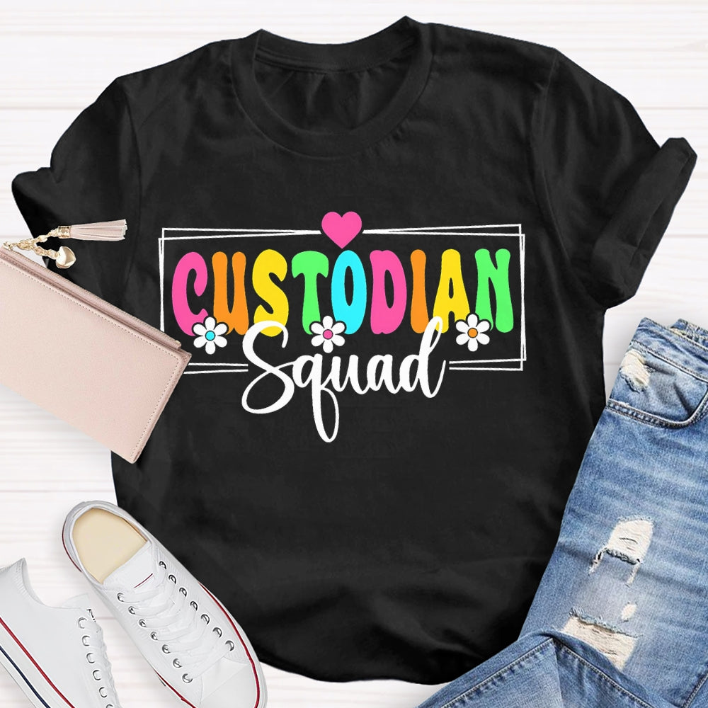 Custodian Squad Colorful Fonts And Small Flowers T-shirt