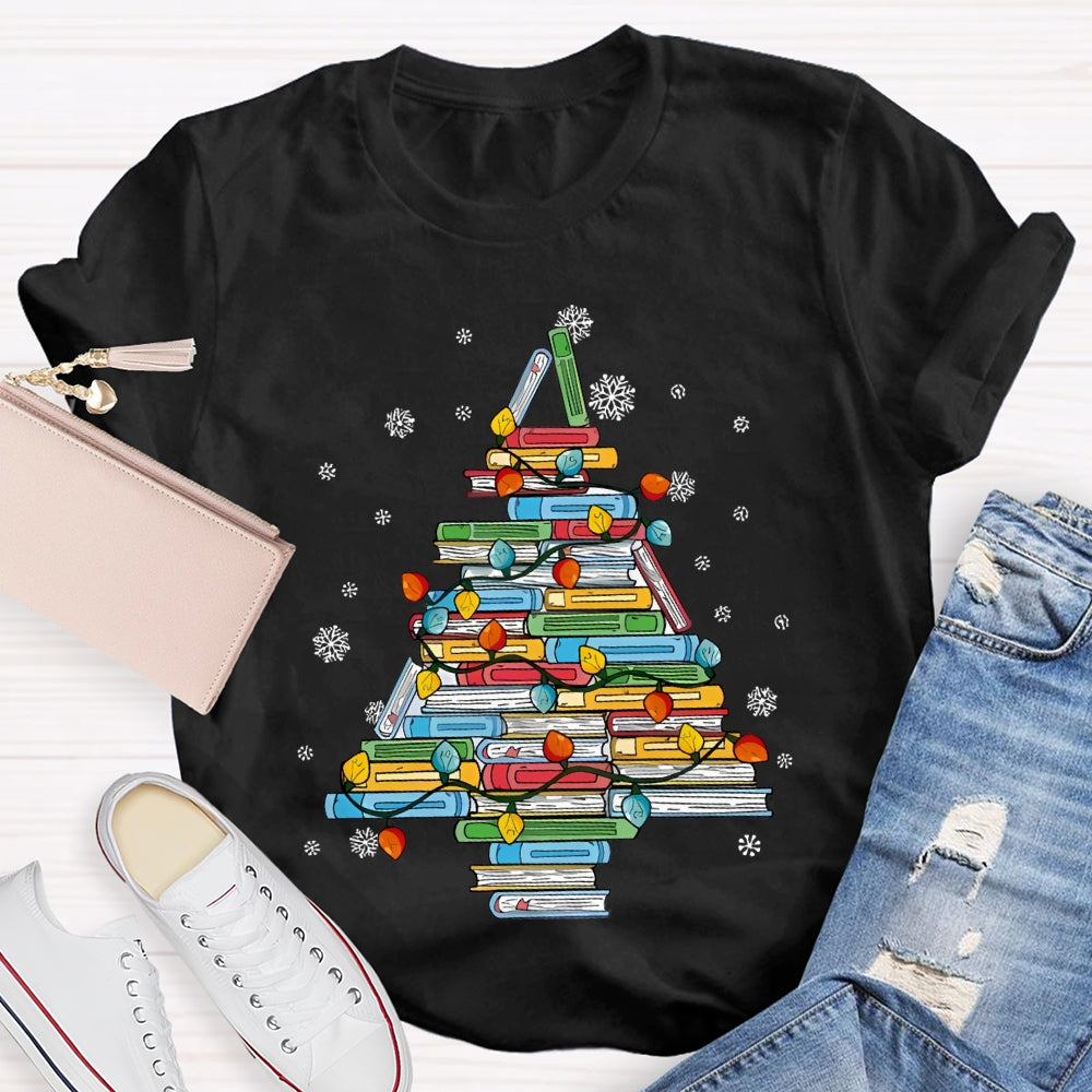 Christmas Tree Books And Christmas Lights Snowflakes T-shirt