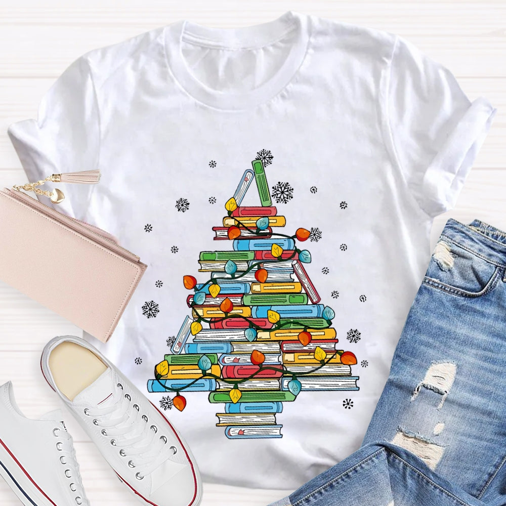 Christmas Tree Books And Christmas Lights Snowflakes T-shirt
