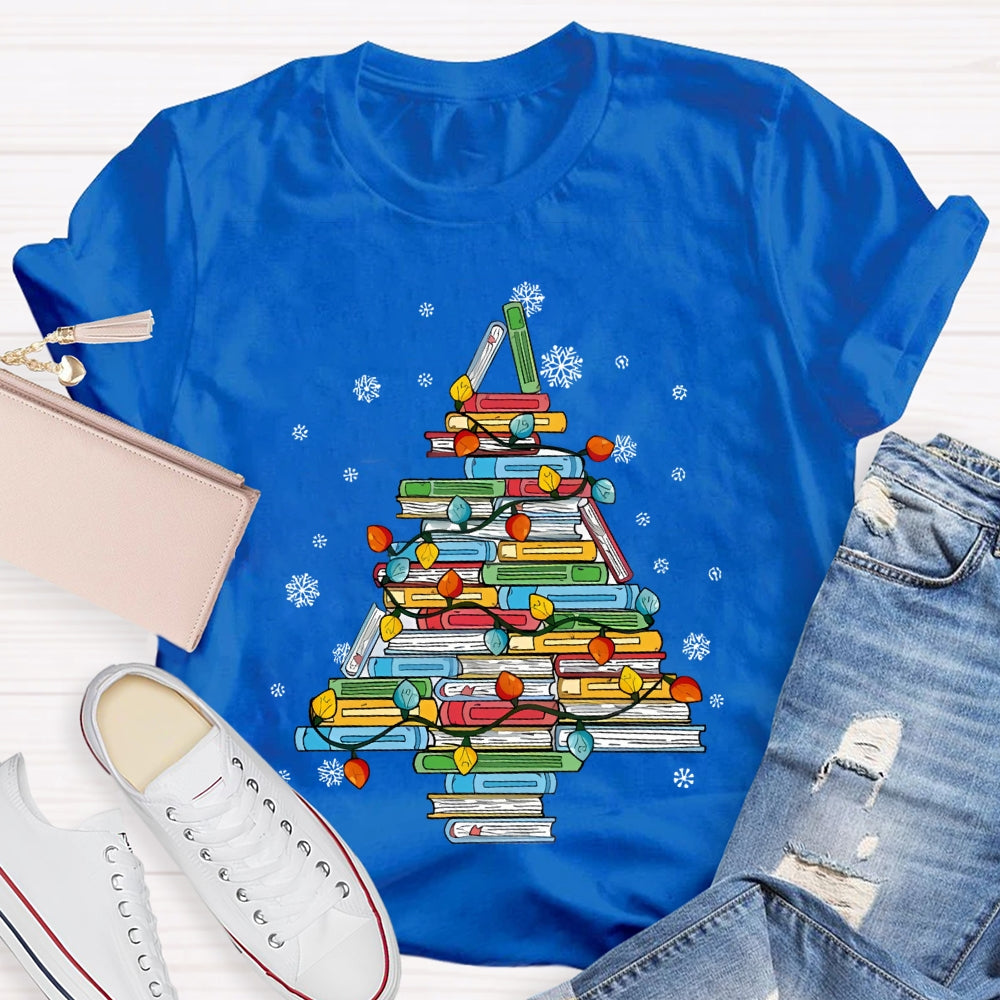 Christmas Tree Books And Christmas Lights Snowflakes T-shirt