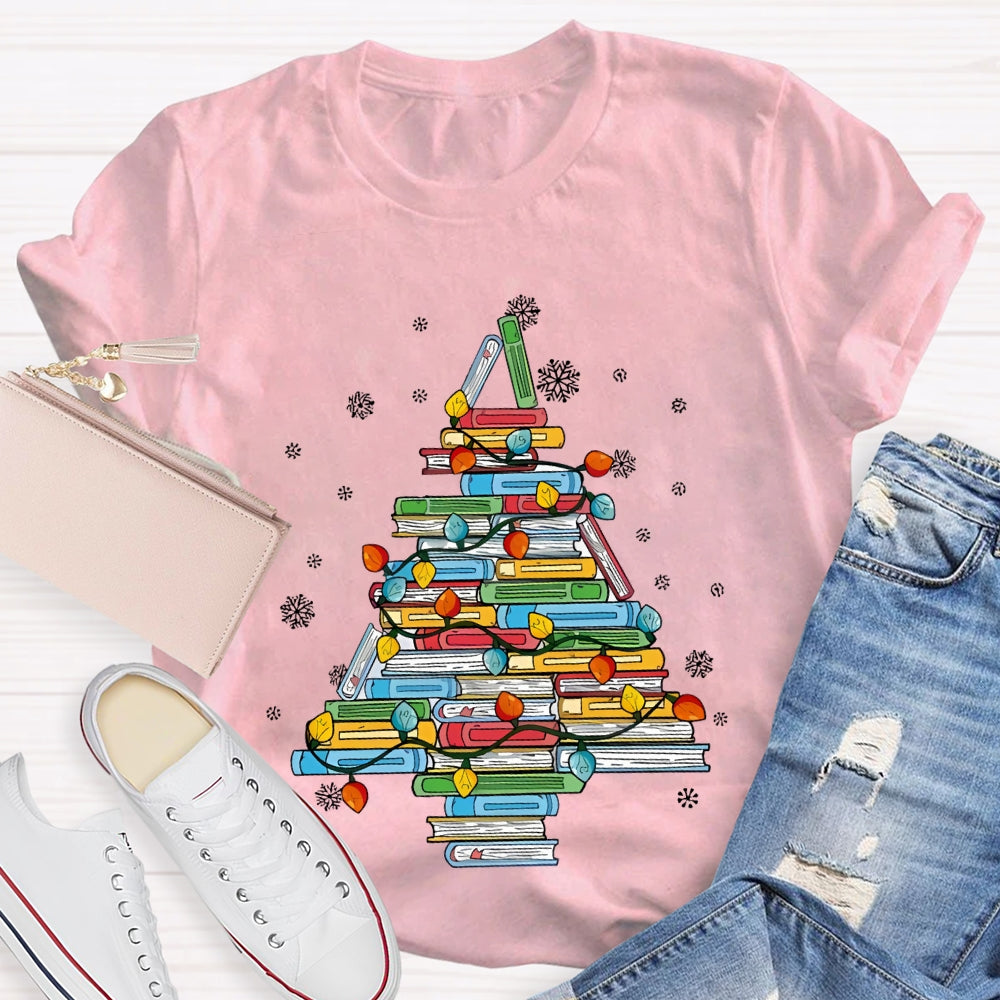 Christmas Tree Books And Christmas Lights Snowflakes T-shirt