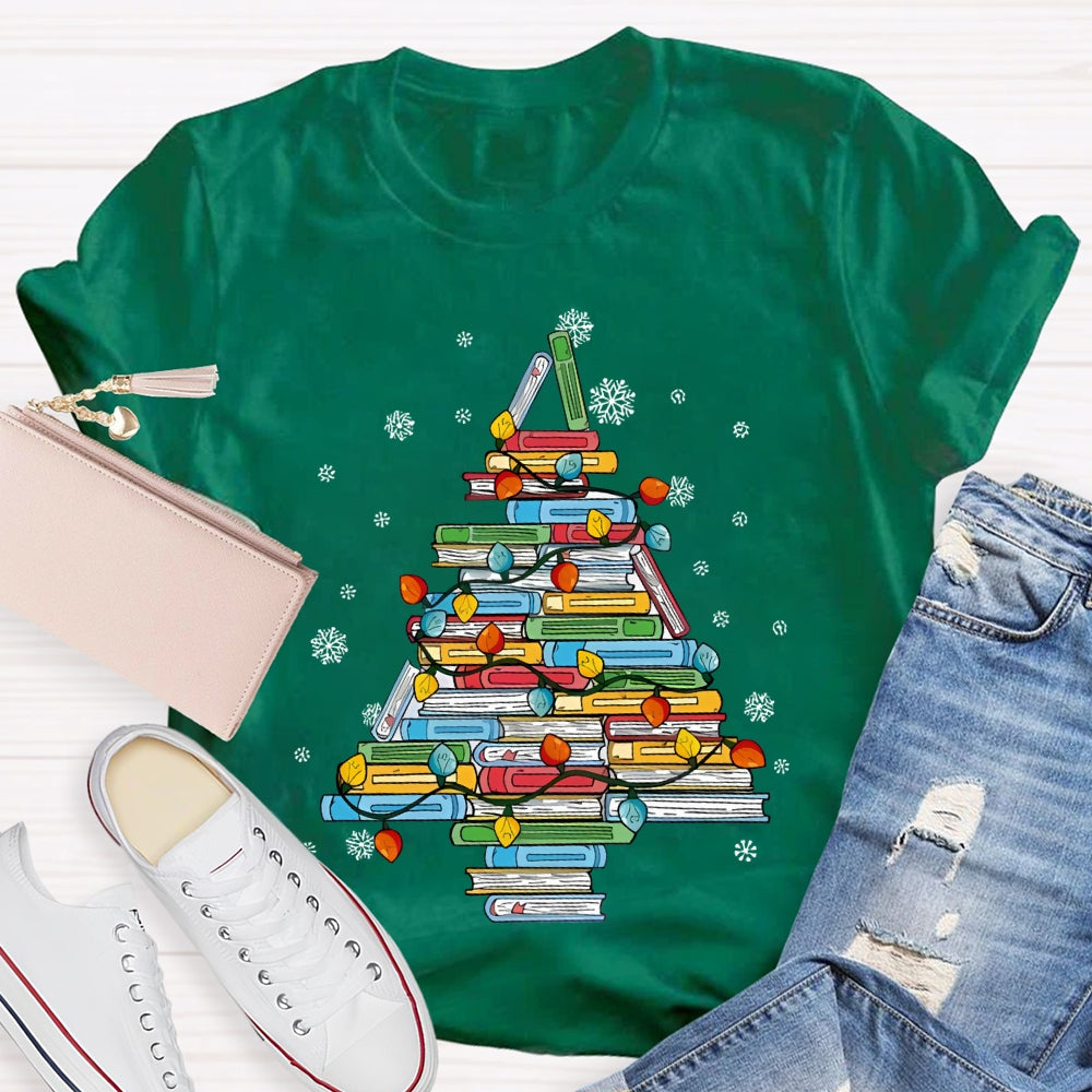 Christmas Tree Books And Christmas Lights Snowflakes T-shirt