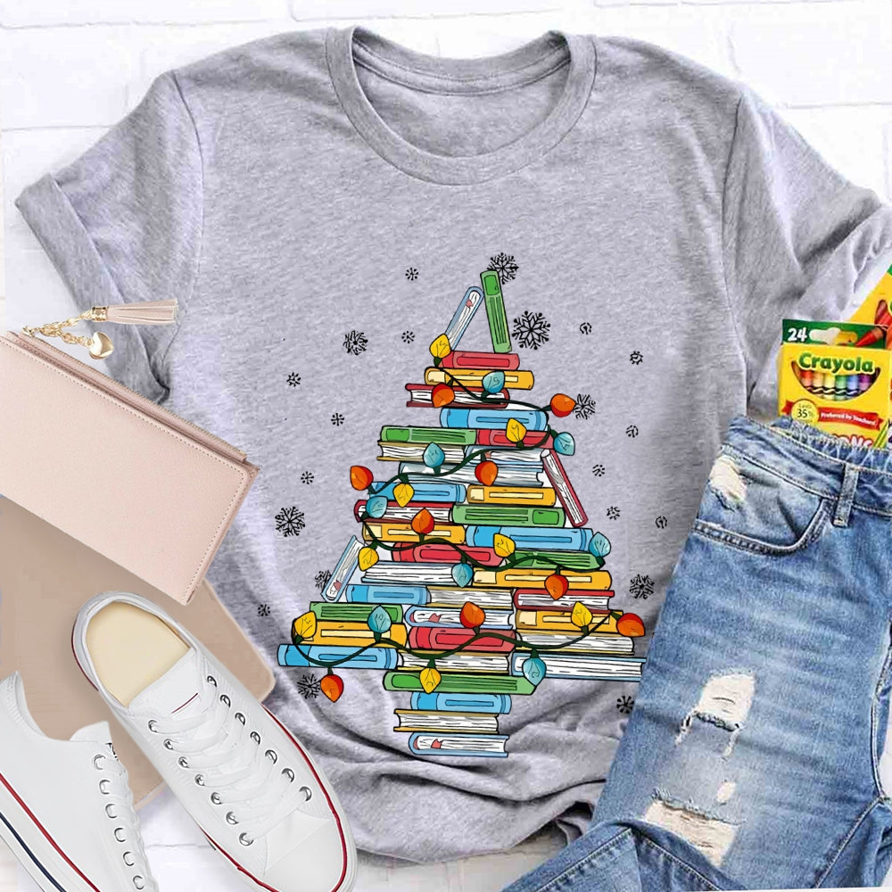 Christmas Tree Books And Christmas Lights Snowflakes T-shirt