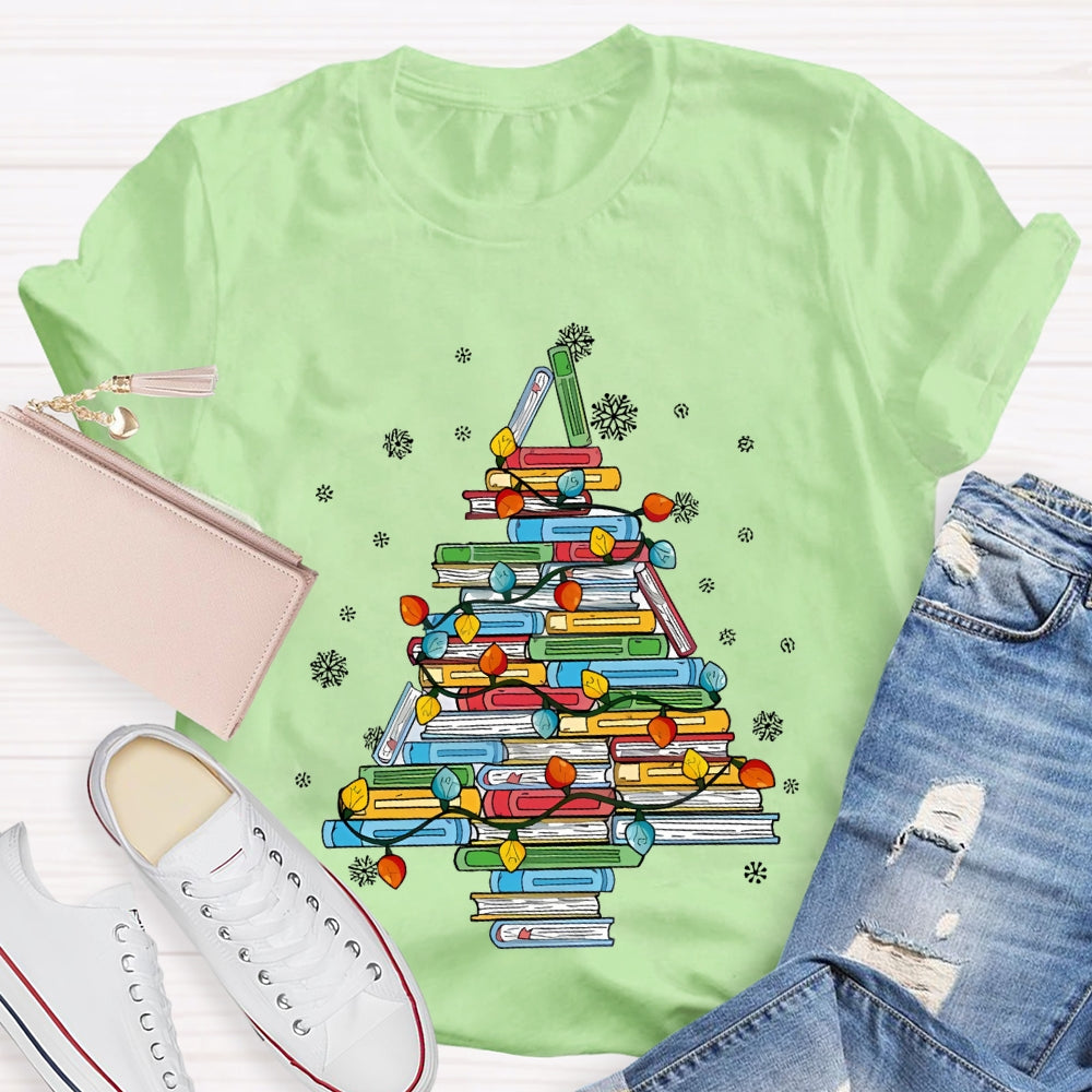Christmas Tree Books And Christmas Lights Snowflakes T-shirt