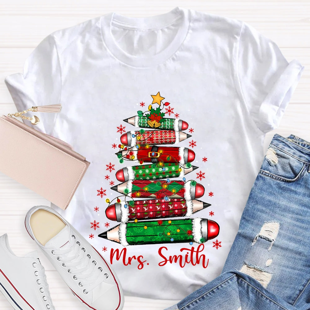 Personalized Name Colored Pencil Christmas Tree And Snowflakes T-shirt