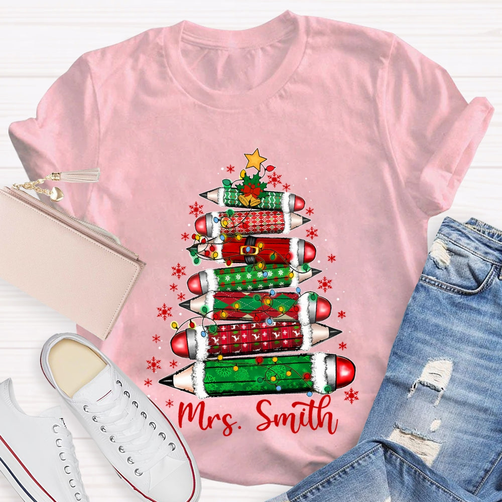 Personalized Name Colored Pencil Christmas Tree And Snowflakes T-shirt