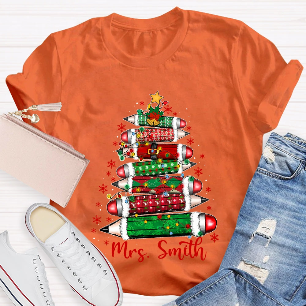 Personalized Name Colored Pencil Christmas Tree And Snowflakes T-shirt