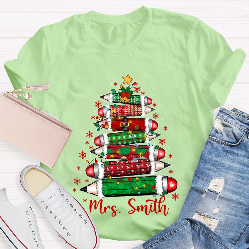 Personalized Name Colored Pencil Christmas Tree And Snowflakes T-shirt