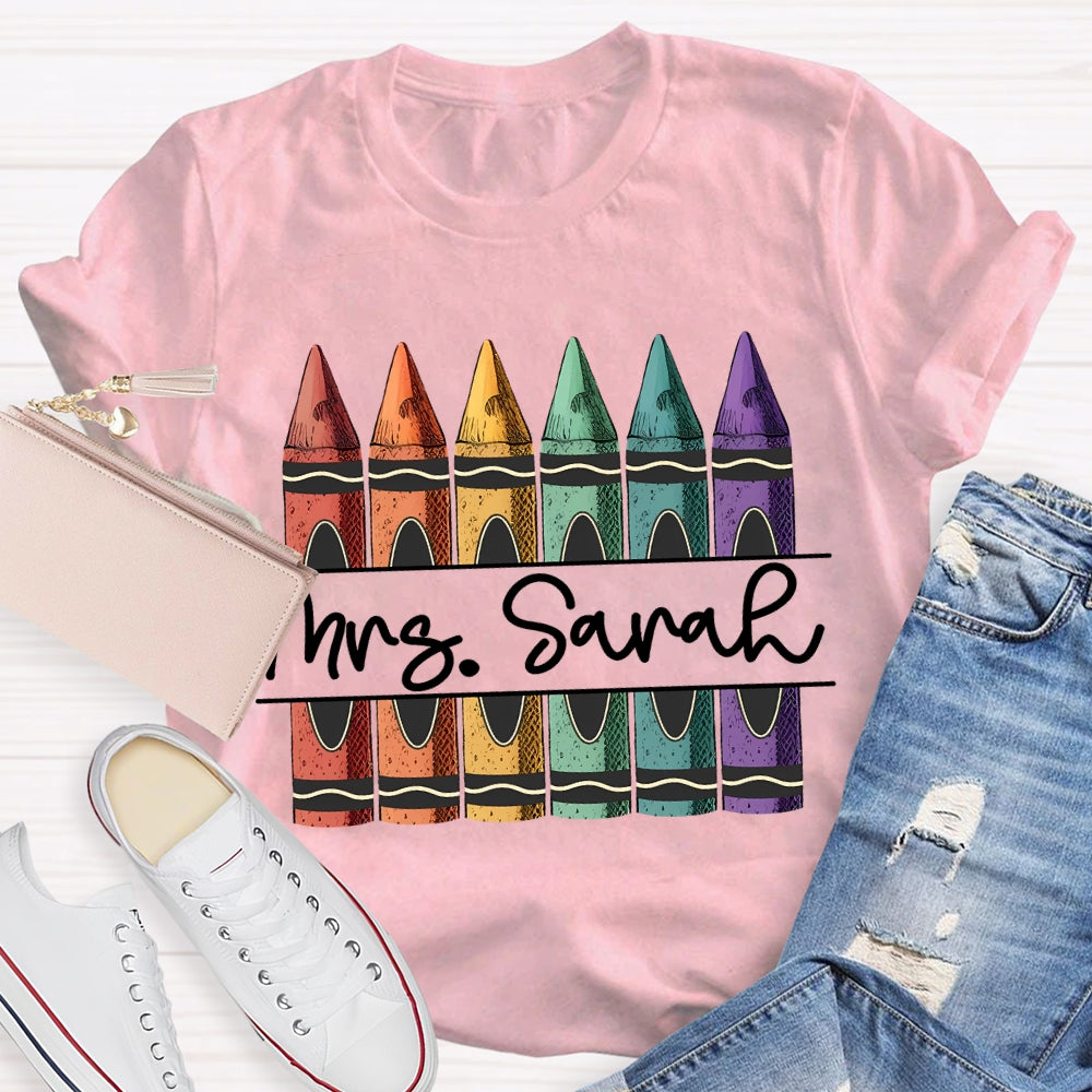 Personalized Name Colored Crayons Art Teacher T-shirt