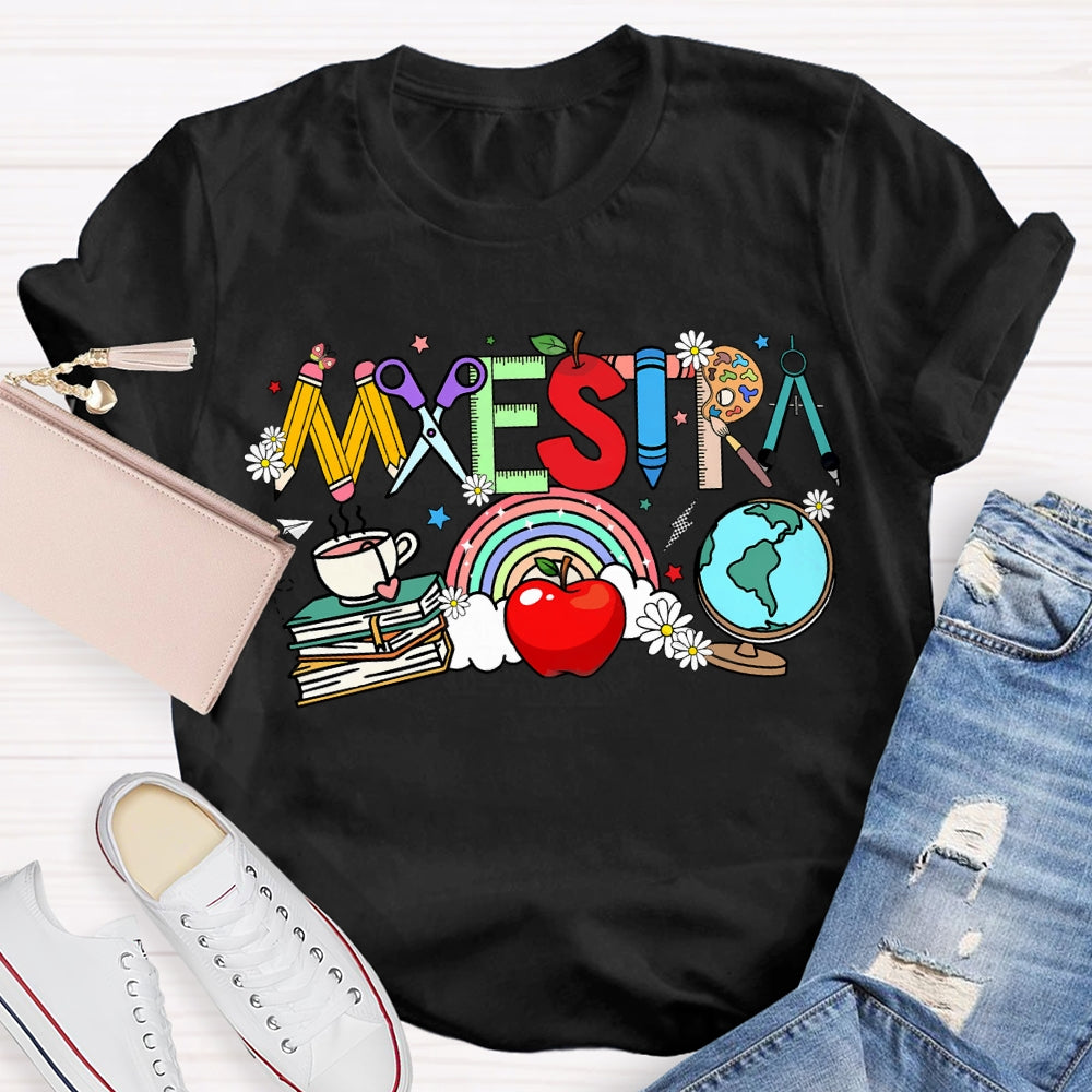 Maestra Colorful Fonts And Apples Bilingual Teacher T-shirt