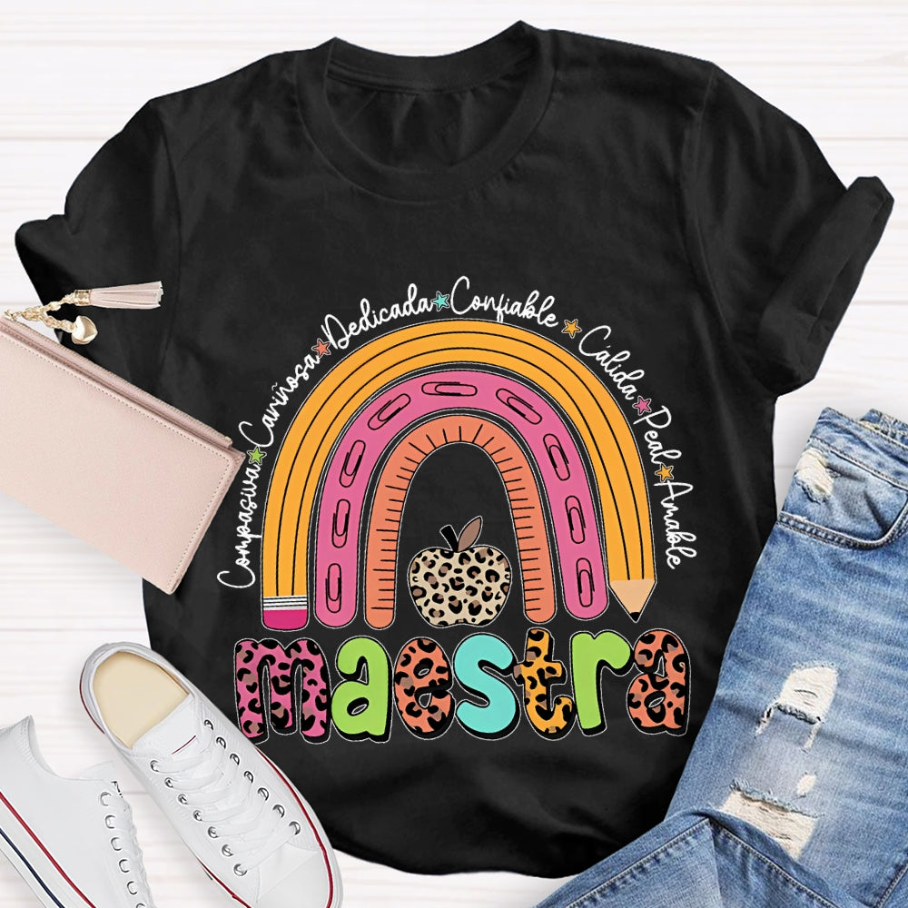 Maestra Dedicated Confiable Leopard Print Apple Bilingual Teacher T-shirt