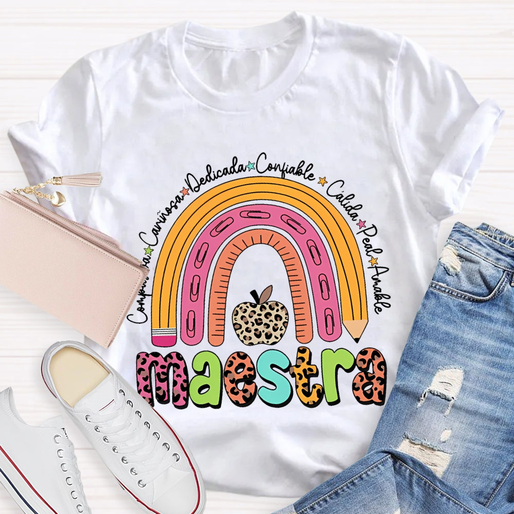 Maestra Dedicated Confiable Leopard Print Apple Bilingual Teacher T-shirt