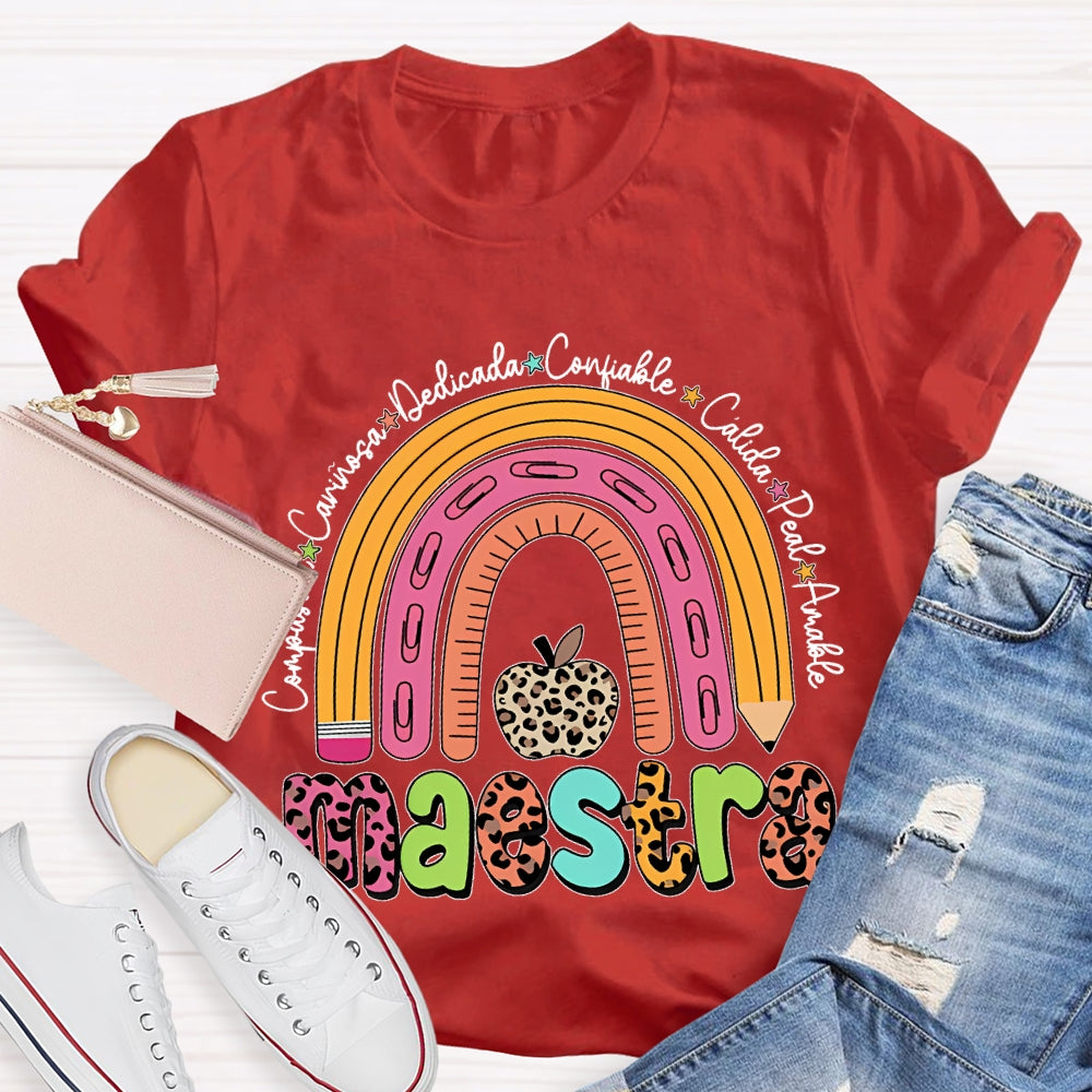 Maestra Dedicated Confiable Leopard Print Apple Bilingual Teacher T-shirt