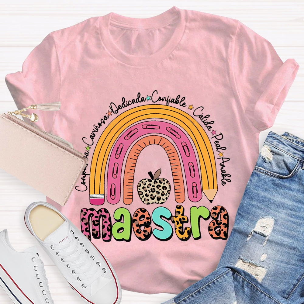 Maestra Dedicated Confiable Leopard Print Apple Bilingual Teacher T-shirt