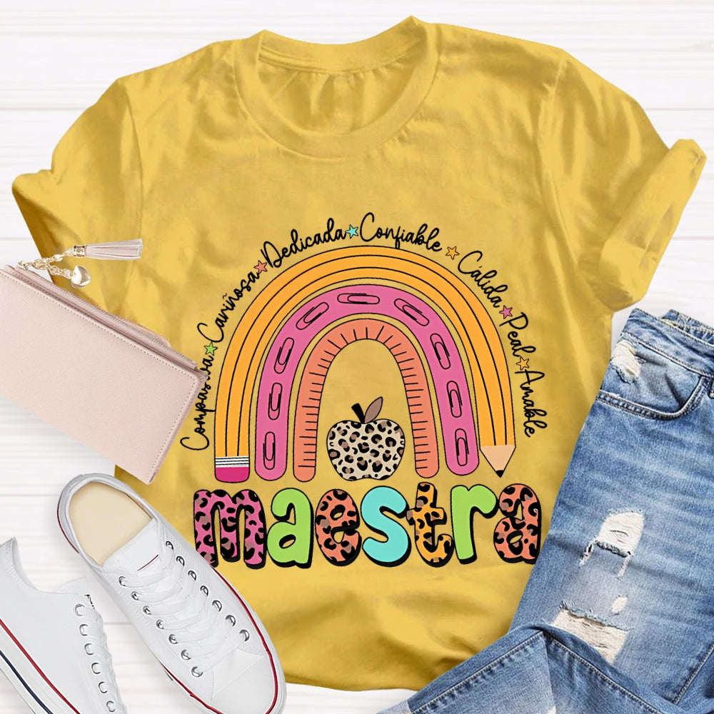 Maestra Dedicated Confiable Leopard Print Apple Bilingual Teacher T-shirt