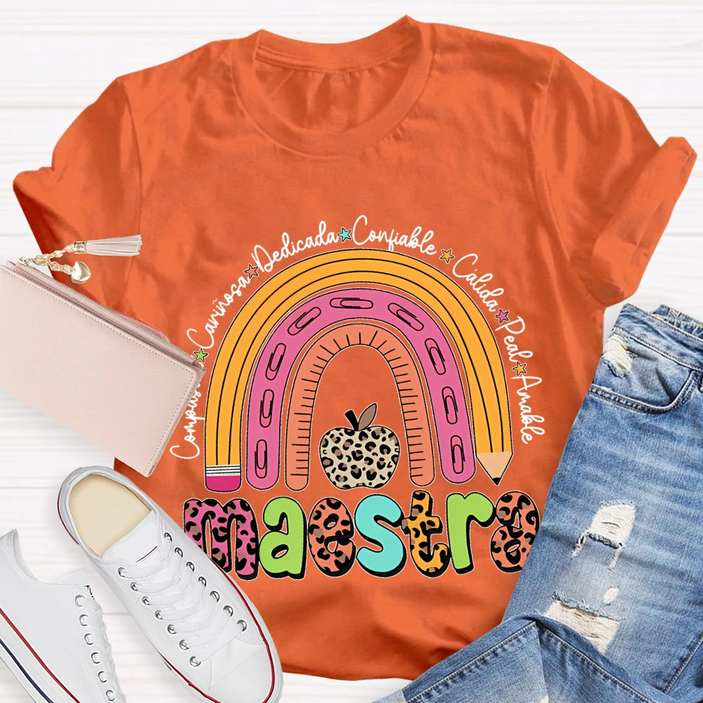 Maestra Dedicated Confiable Leopard Print Apple Bilingual Teacher T-shirt