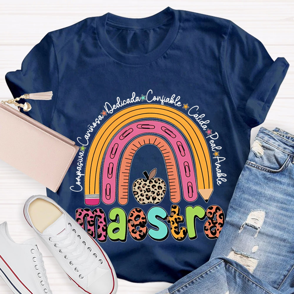 Maestra Dedicated Confiable Leopard Print Apple Bilingual Teacher T-shirt