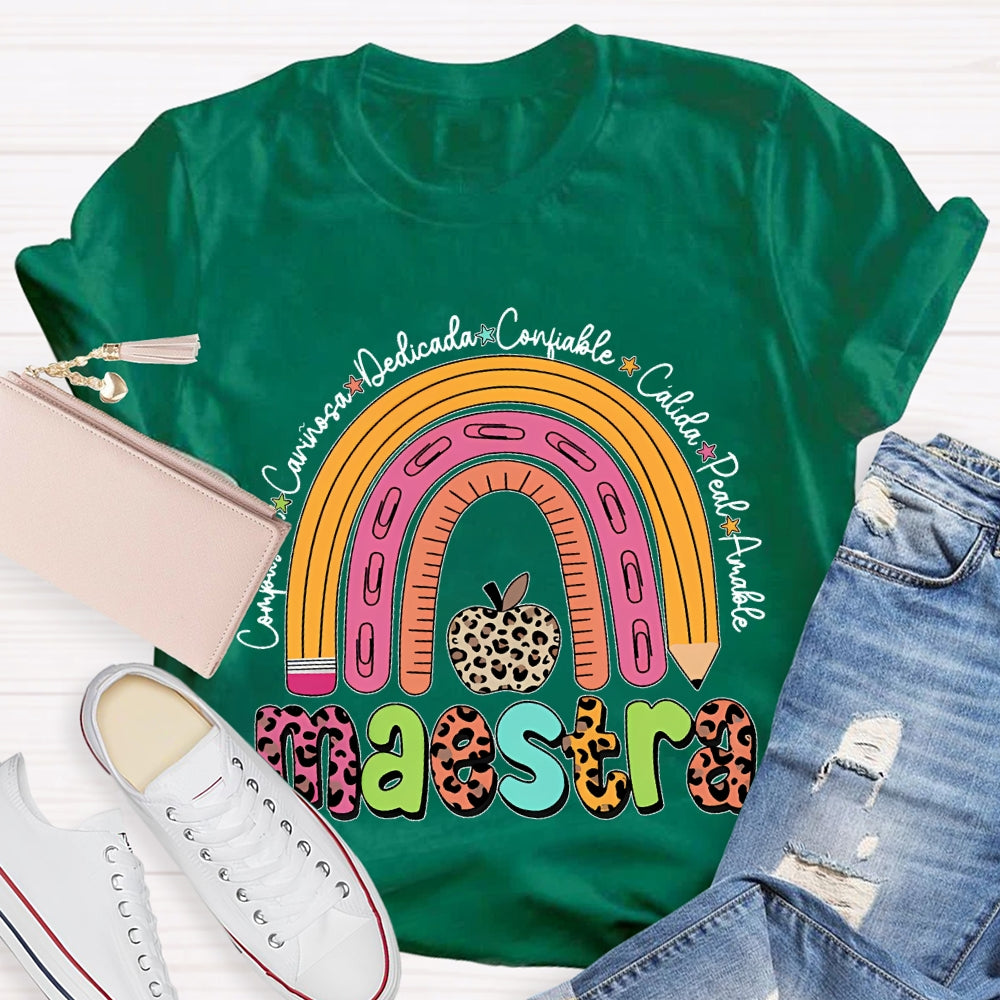 Maestra Dedicated Confiable Leopard Print Apple Bilingual Teacher T-shirt