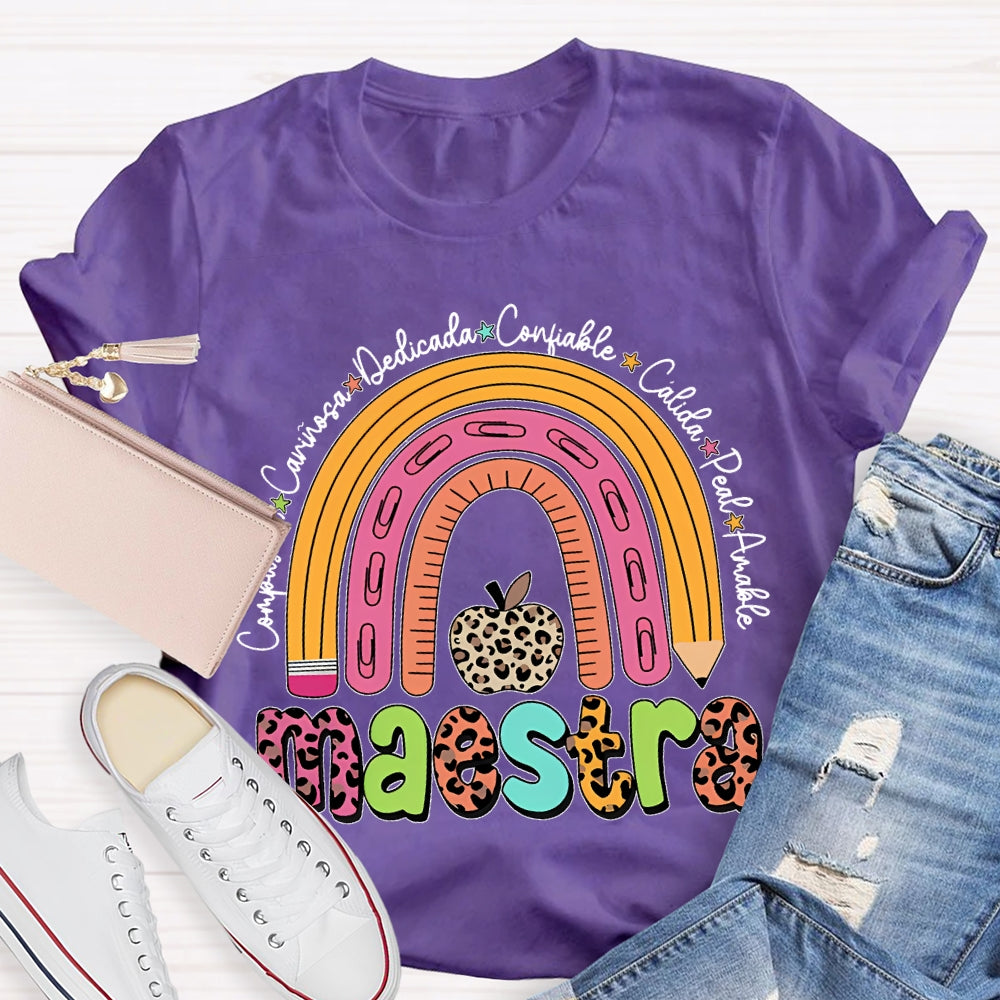 Maestra Dedicated Confiable Leopard Print Apple Bilingual Teacher T-shirt