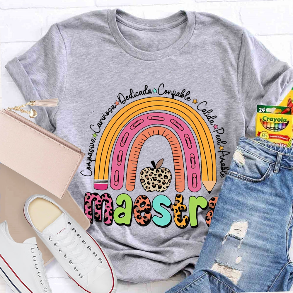 Maestra Dedicated Confiable Leopard Print Apple Bilingual Teacher T-shirt