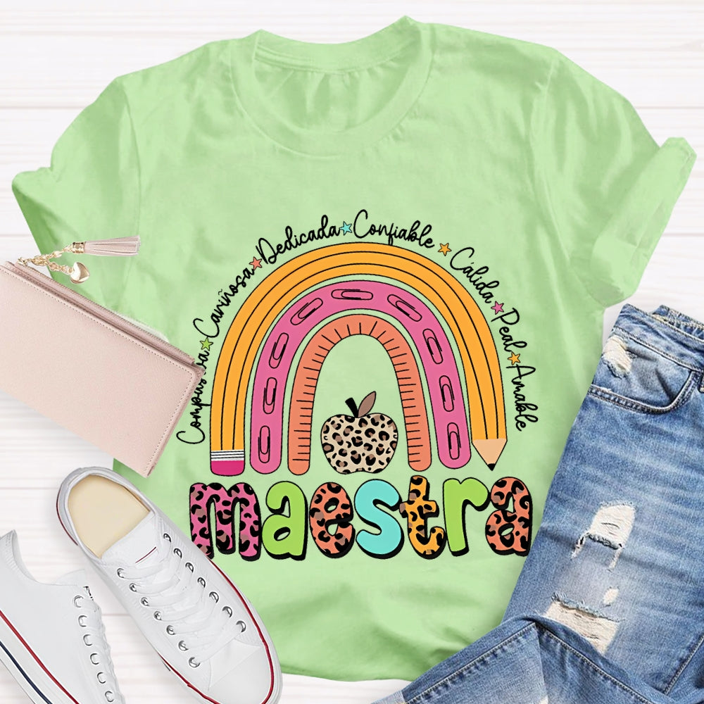 Maestra Dedicated Confiable Leopard Print Apple Bilingual Teacher T-shirt