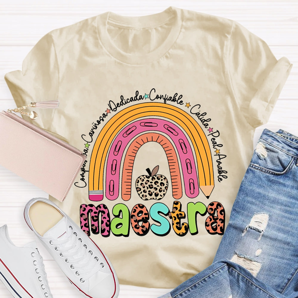 Maestra Dedicated Confiable Leopard Print Apple Bilingual Teacher T-shirt