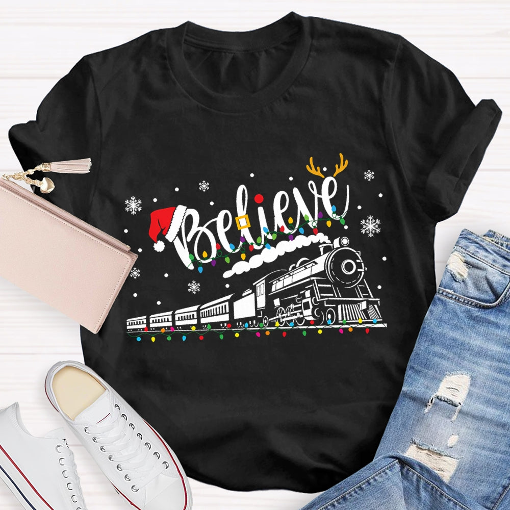 Believe Christmas Lights Train Snowflakes T-shirt