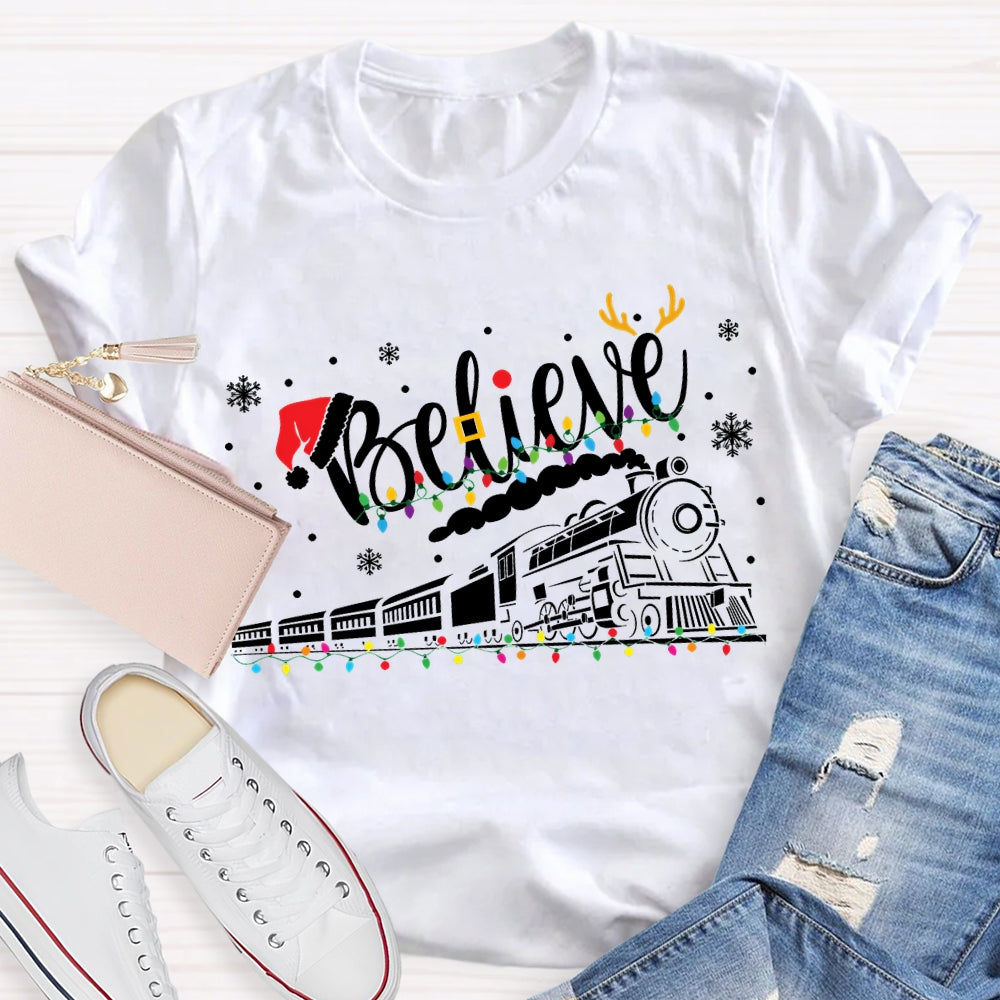 Believe Christmas Lights Train Snowflakes T-shirt