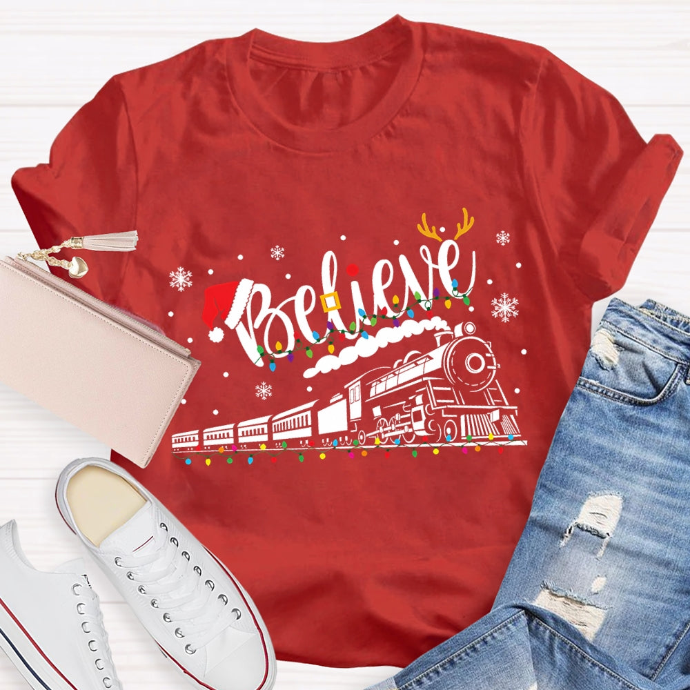 Believe Christmas Lights Train Snowflakes T-shirt