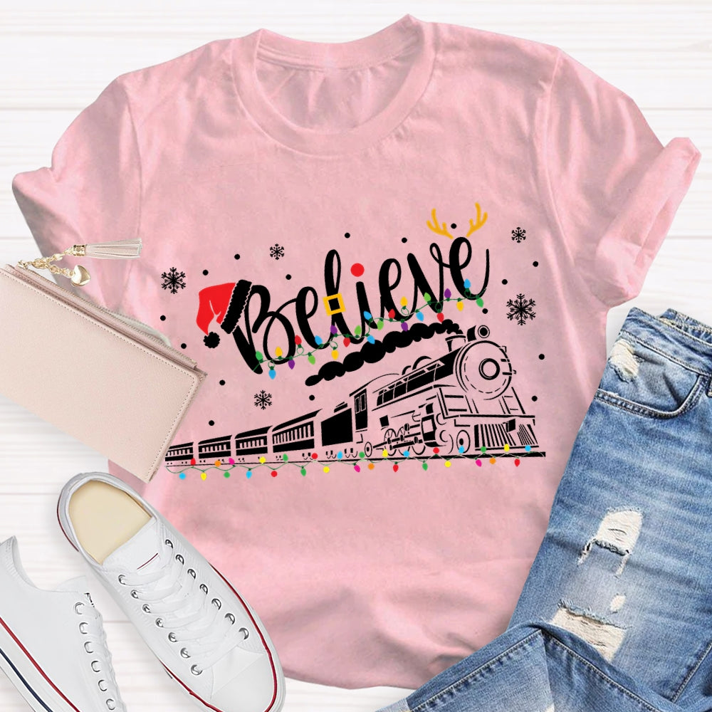 Believe Christmas Lights Train Snowflakes T-shirt