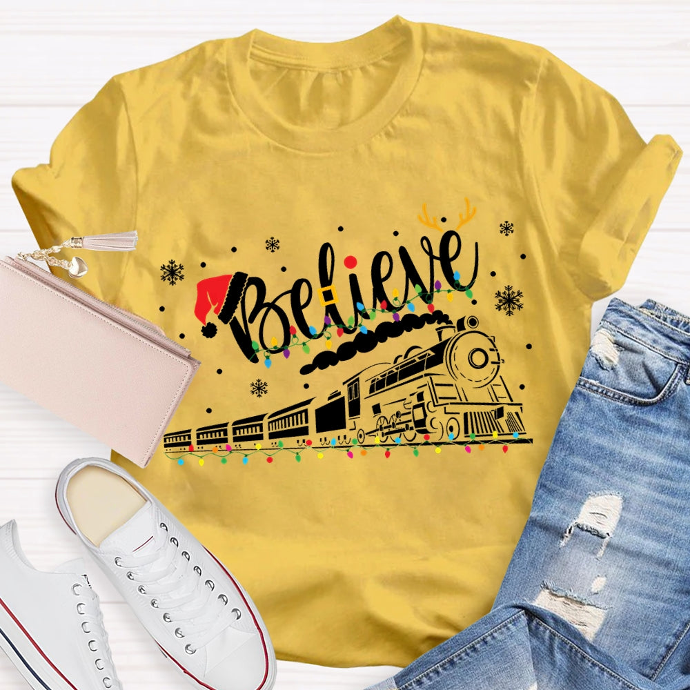 Believe Christmas Lights Train Snowflakes T-shirt
