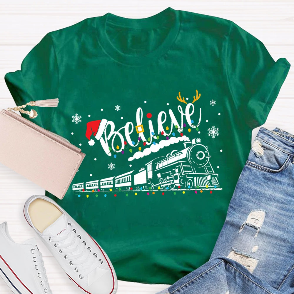 Believe Christmas Lights Train Snowflakes T-shirt