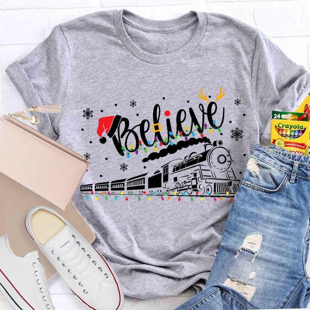 Believe Christmas Lights Train Snowflakes T-shirt