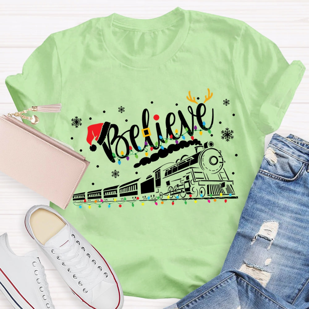 Believe Christmas Lights Train Snowflakes T-shirt