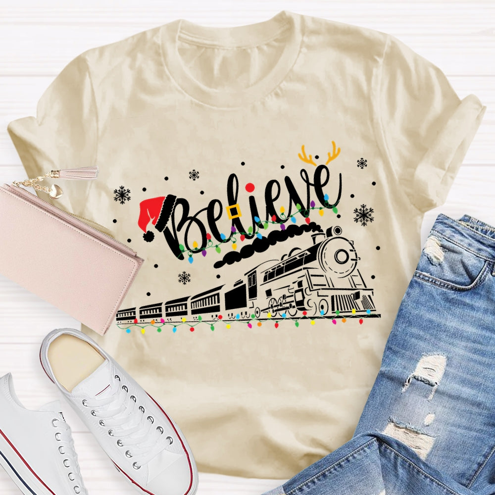 Believe Christmas Lights Train Snowflakes T-shirt