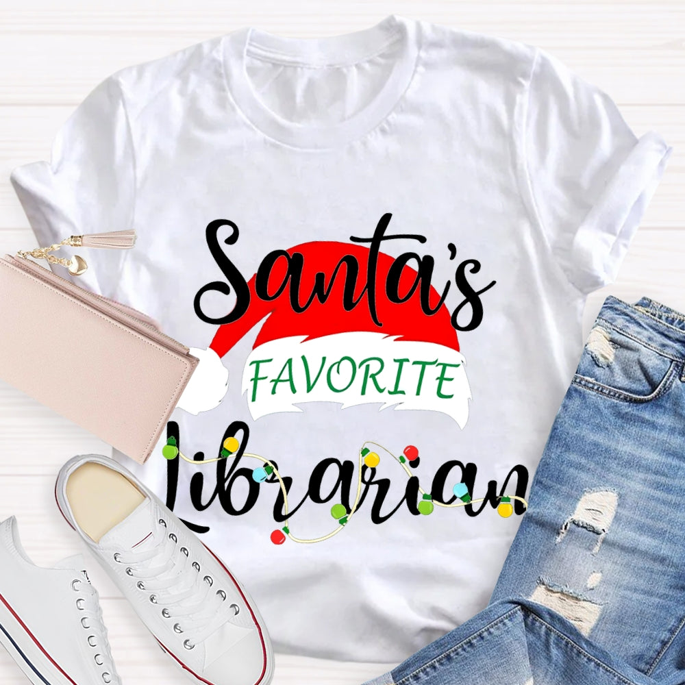 Santa'S Favorite Librarian Santa Hats And Christmas Lights T-shirt