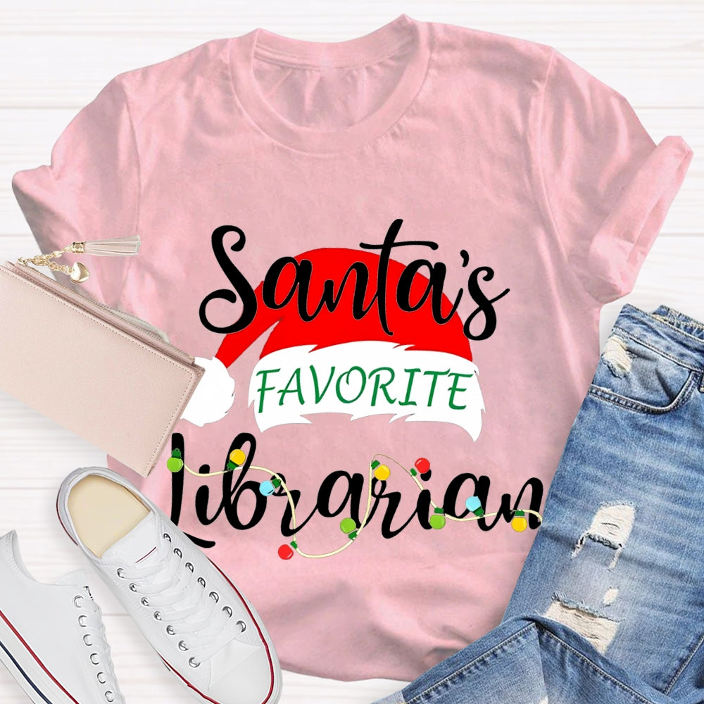 Santa'S Favorite Librarian Santa Hats And Christmas Lights T-shirt