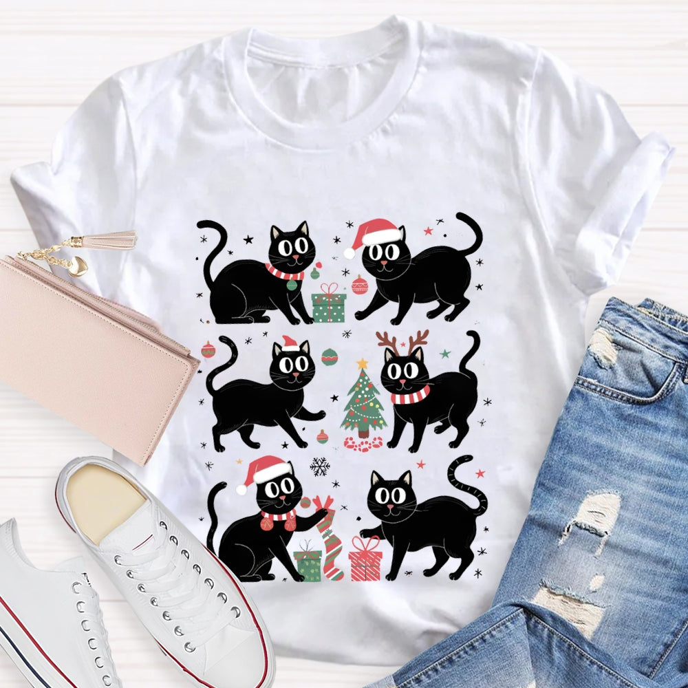 Christmas Black Cat Snowflakes And Christmas Tree T-shirt
