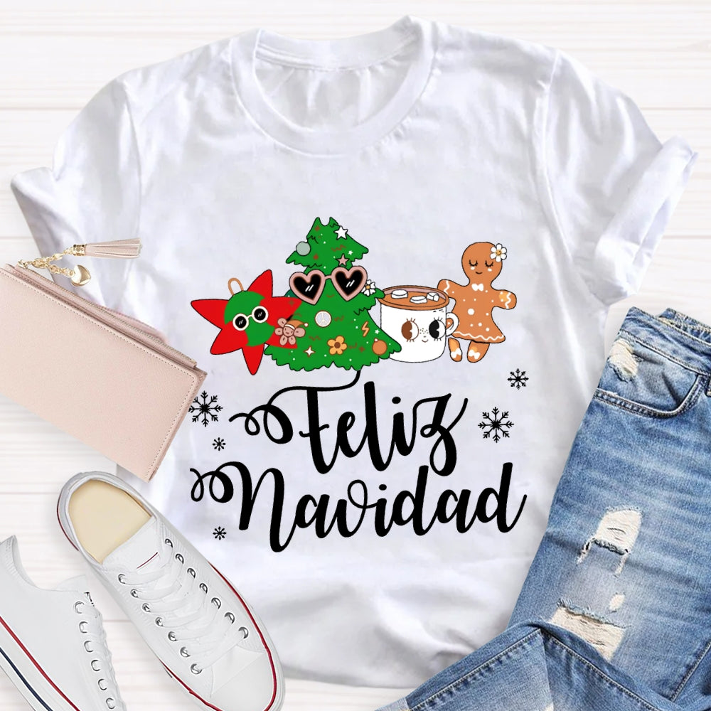 Feliz Navidad Snowflakes And Christmas Trees Bilingual Teacher T-shirt