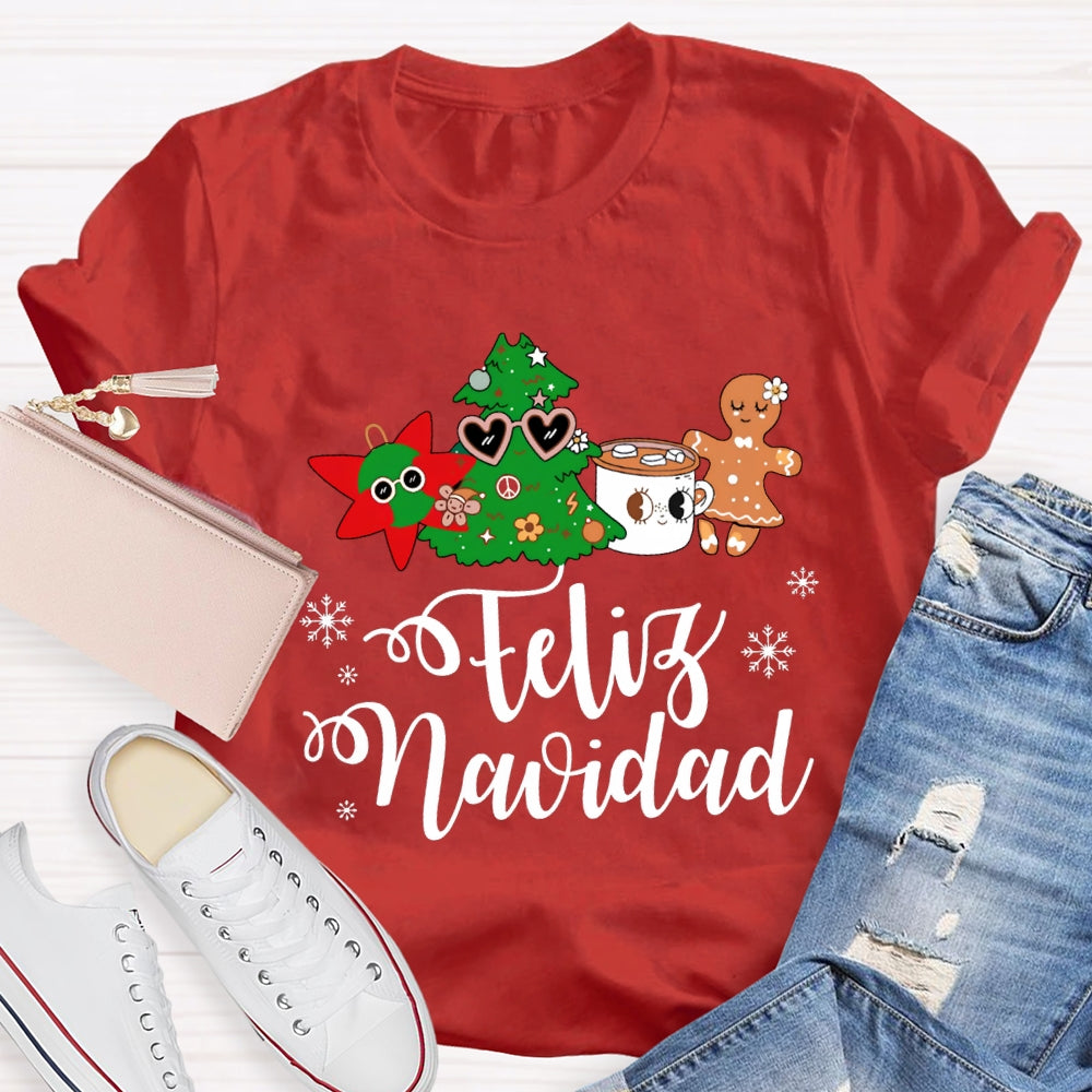 Feliz Navidad Snowflakes And Christmas Trees Bilingual Teacher T-shirt