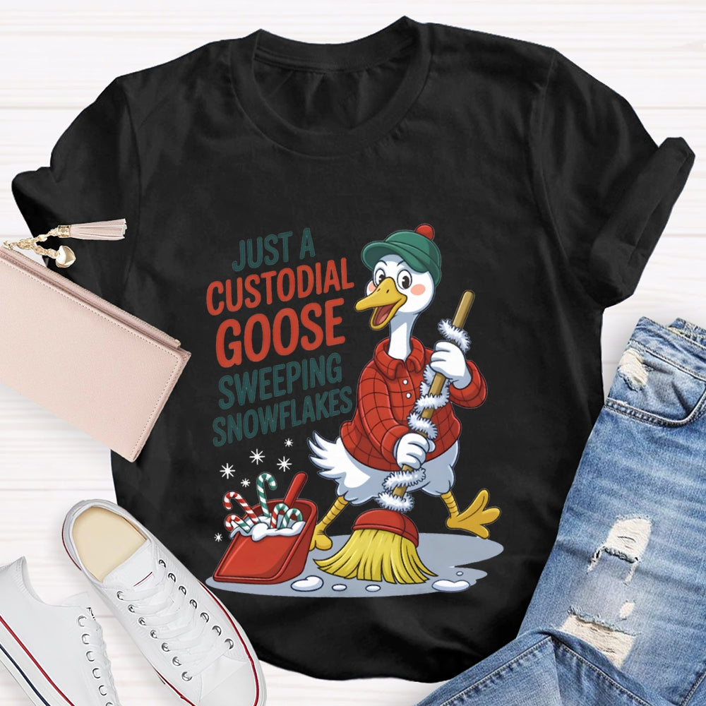Just A Custodial Goose Sweeping Snowflakes School Custodian Christmas T-shirt
