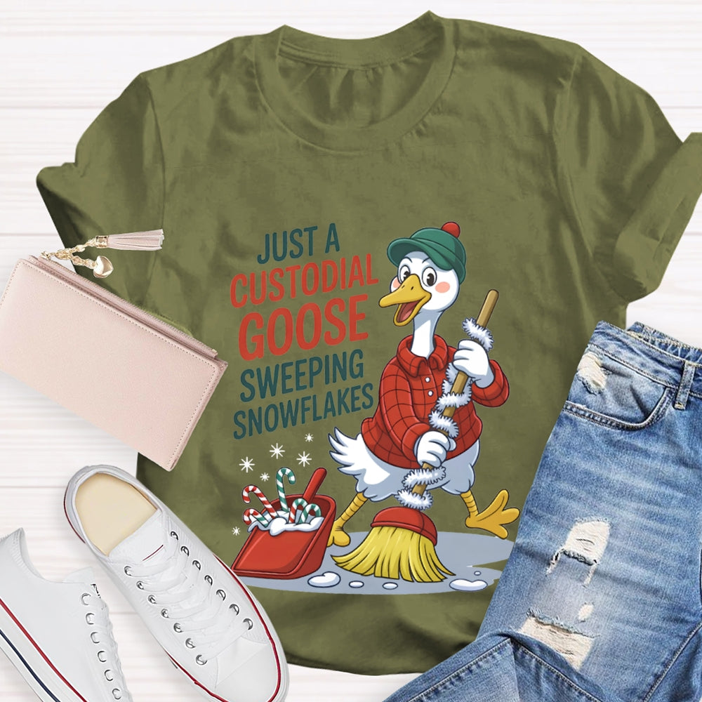 Just A Custodial Goose Sweeping Snowflakes School Custodian Christmas T-shirt