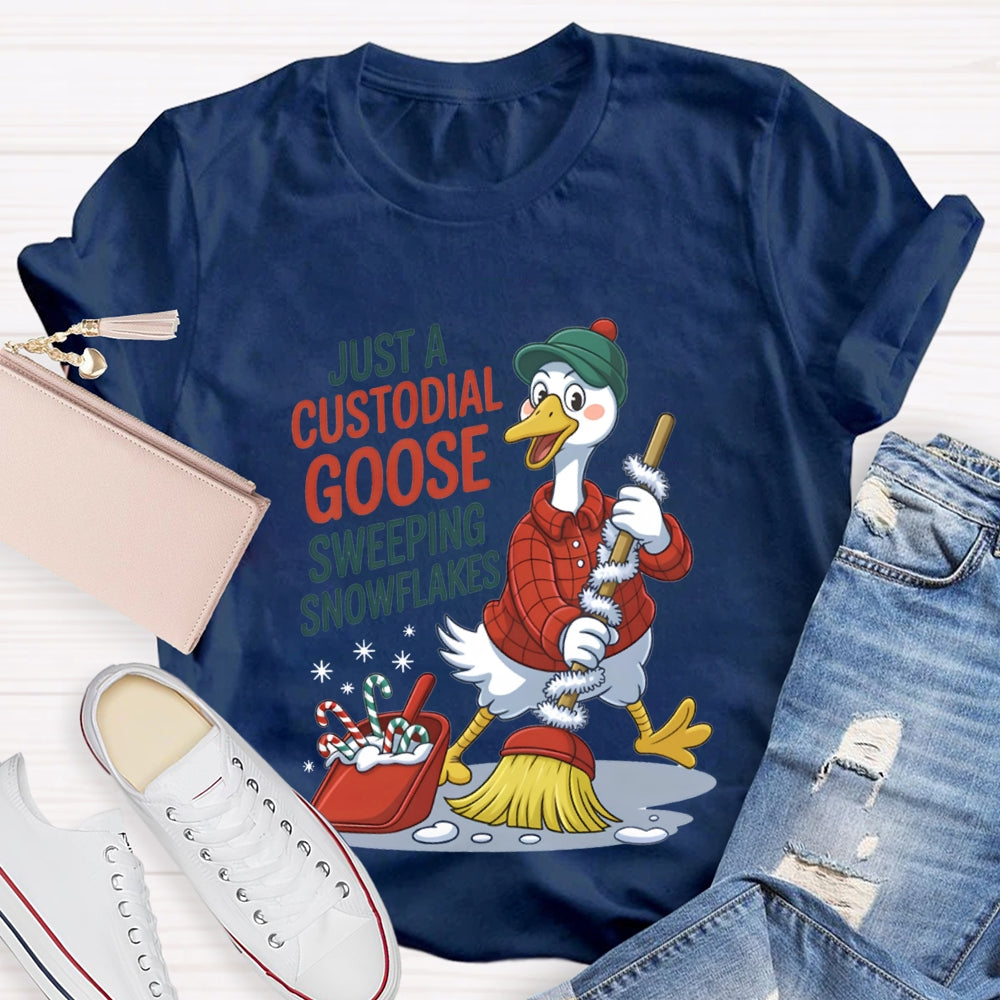 Just A Custodial Goose Sweeping Snowflakes School Custodian Christmas T-shirt