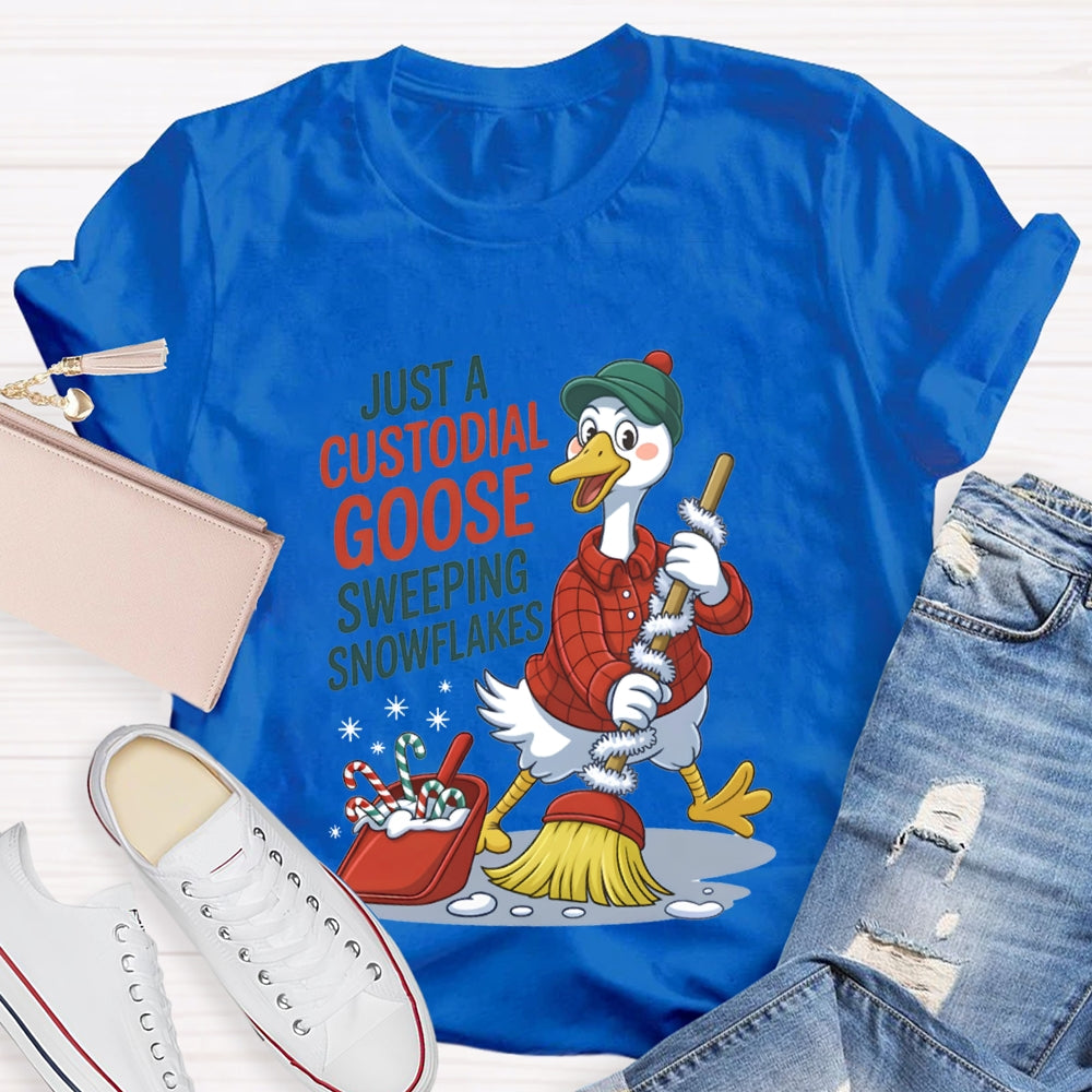 Just A Custodial Goose Sweeping Snowflakes School Custodian Christmas T-shirt