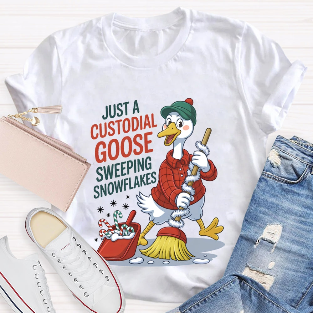 Just A Custodial Goose Sweeping Snowflakes School Custodian Christmas T-shirt