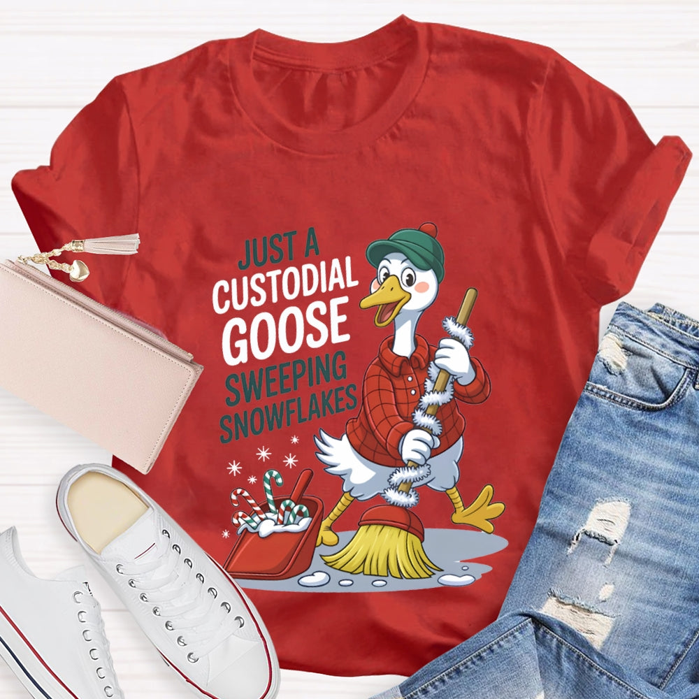 Just A Custodial Goose Sweeping Snowflakes School Custodian Christmas T-shirt