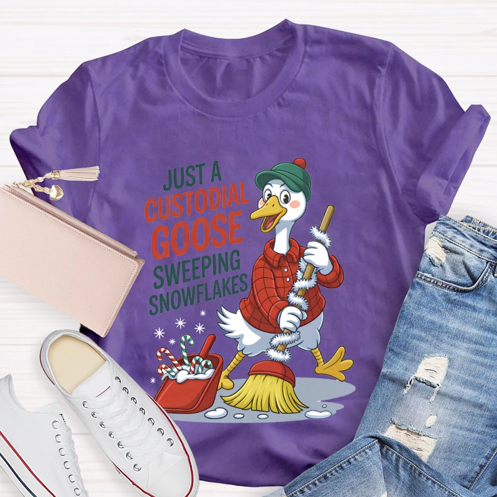 Just A Custodial Goose Sweeping Snowflakes School Custodian Christmas T-shirt