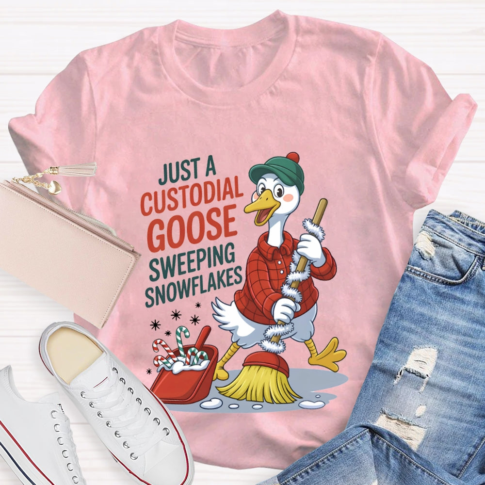 Just A Custodial Goose Sweeping Snowflakes School Custodian Christmas T-shirt