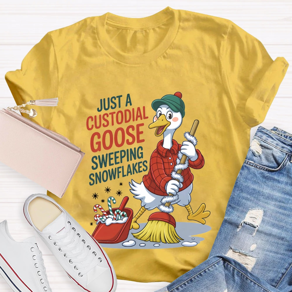 Just A Custodial Goose Sweeping Snowflakes School Custodian Christmas T-shirt