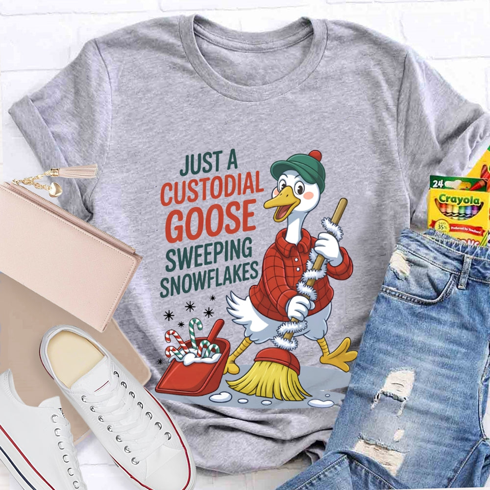 Just A Custodial Goose Sweeping Snowflakes School Custodian Christmas T-shirt